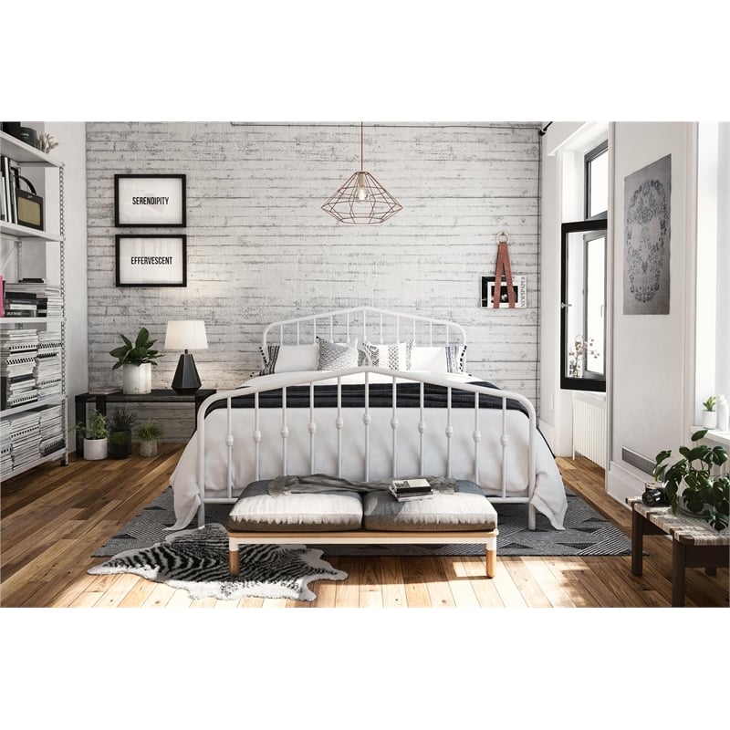 Pemberly Row Modern Queen Adjustable Metal Bed in White Finish