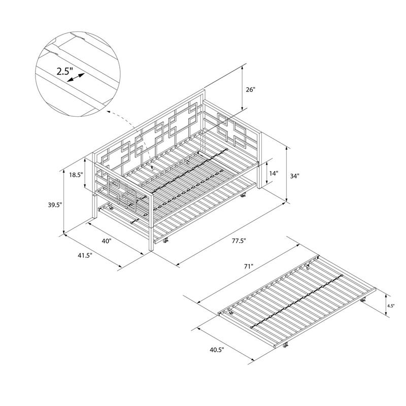Pemberly Row Modern Twin Daybed with Trundle in White Metal Finish
