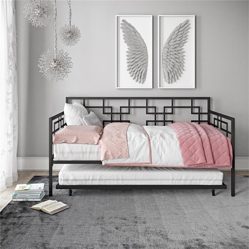 Pemberly Row Modern Twin Daybed with Trundle in Black Metal Finish