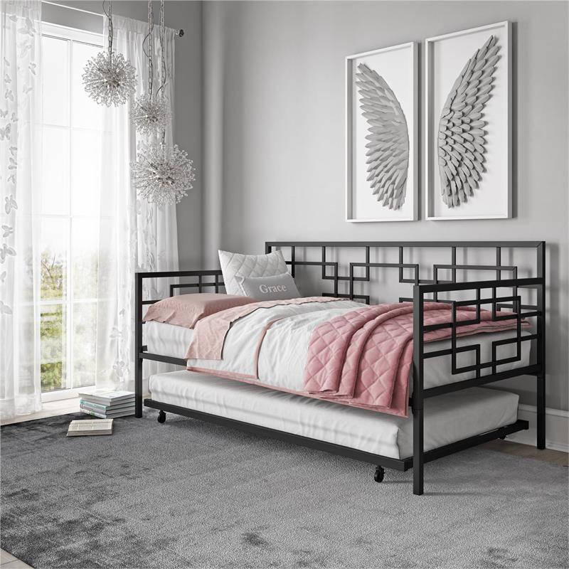 Pemberly Row Modern Twin Daybed with Trundle in Black Metal Finish