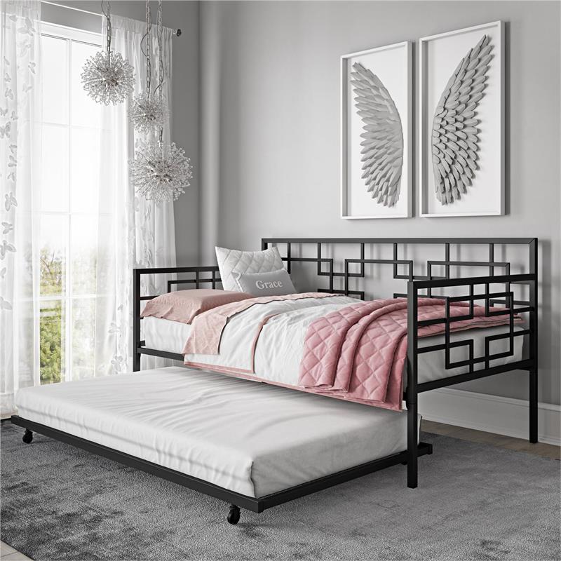 Pemberly Row Modern Twin Daybed with Trundle in Black Metal Finish