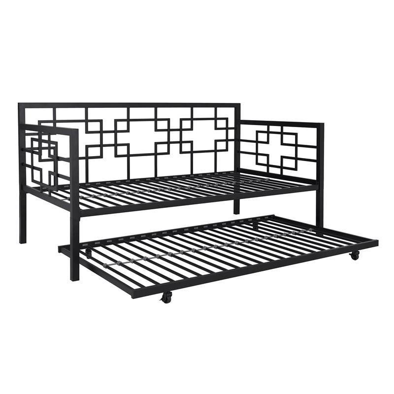 Pemberly Row Modern Twin Daybed with Trundle in Black Metal Finish