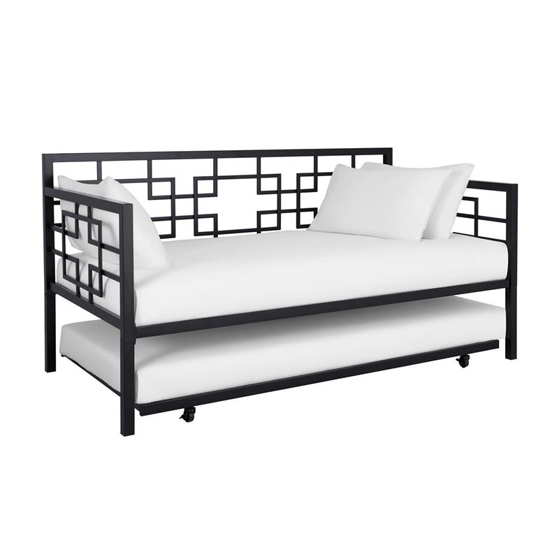 Pemberly Row Modern Twin Daybed with Trundle in Black Metal Finish
