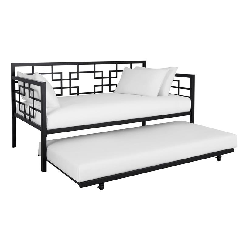 Pemberly Row Modern Twin Daybed with Trundle in Black Metal Finish