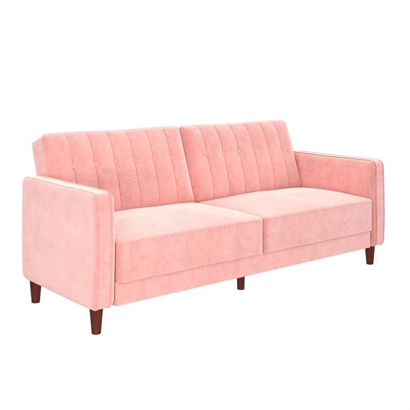 Pemberly Row Modern Tufted Transitional Futon in Pink Velvet