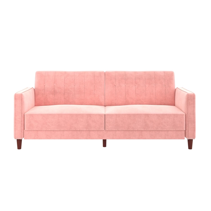 Pemberly Row Modern Tufted Transitional Futon in Pink Velvet