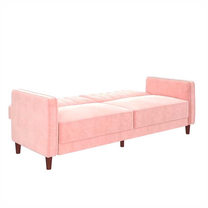 Pemberly Row Modern Tufted Transitional Futon in Pink Velvet