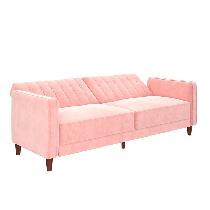 Pemberly Row Modern Tufted Transitional Futon in Pink Velvet