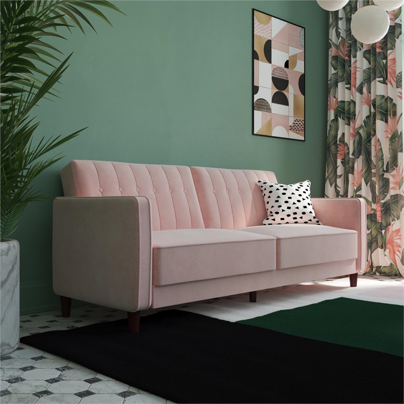 Pemberly Row Modern Tufted Transitional Futon in Pink Velvet
