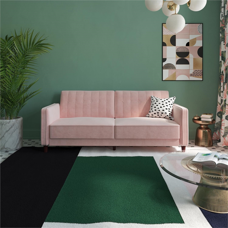 Pemberly Row Modern Tufted Transitional Futon in Pink Velvet