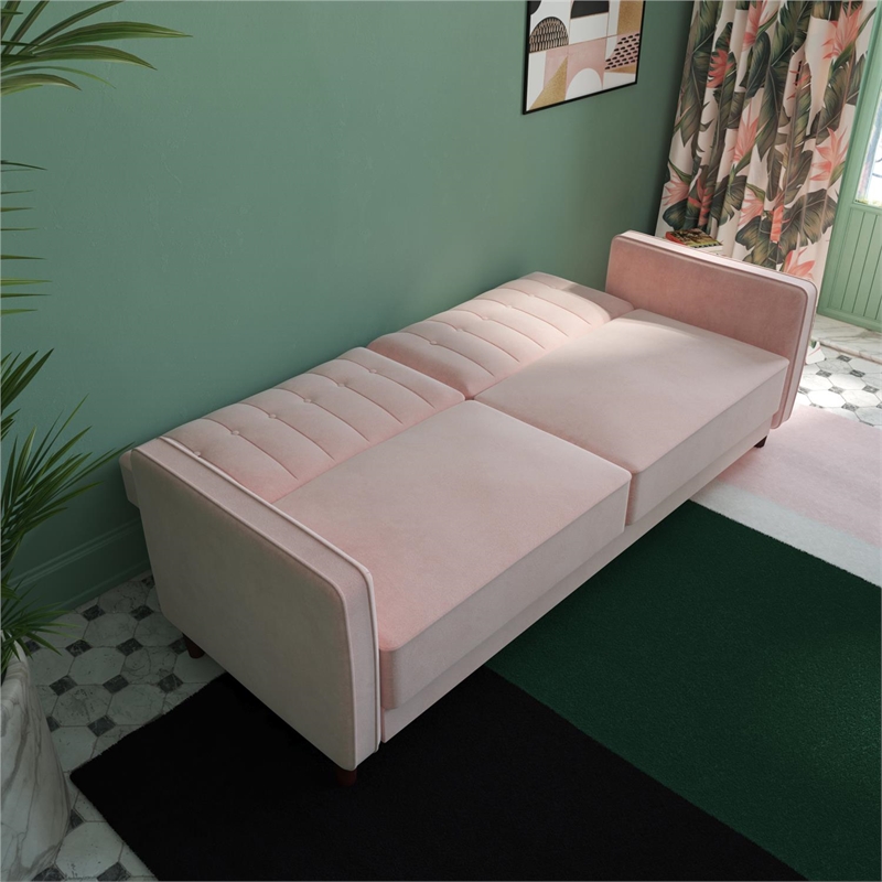 Pemberly Row Modern Tufted Transitional Futon in Pink Velvet
