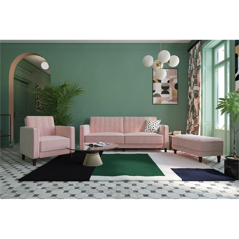 Pemberly Row Modern Tufted Transitional Futon in Pink Velvet