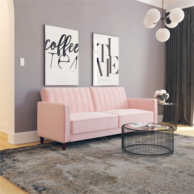 Pemberly Row Modern Tufted Transitional Futon in Pink Velvet
