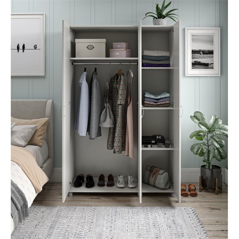 Pemberly Row Modern 3 Door Wardrobe with Clothing Rod in White