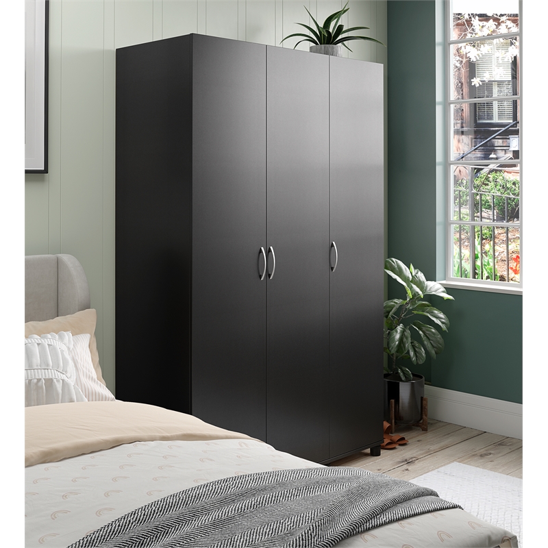 Pemberly Row Modern 3 Door Wardrobe with Clothing Rod in Black