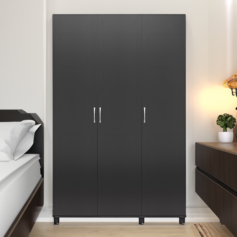 Pemberly Row Modern 3 Door Wardrobe with Clothing Rod in Black
