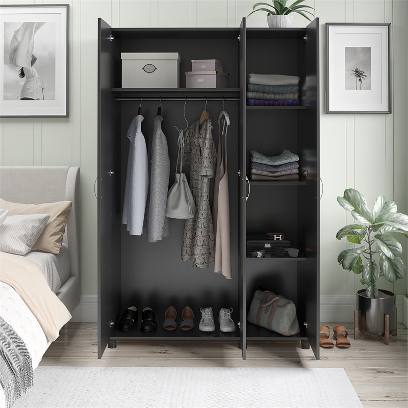 Pemberly Row Modern 3 Door Wardrobe with Clothing Rod in Black