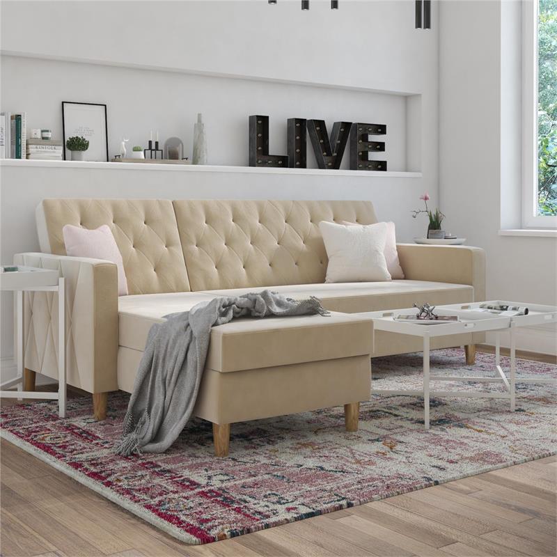 Pemberly Row Modern Reversible Sectional/Futon in Ivory Velvet