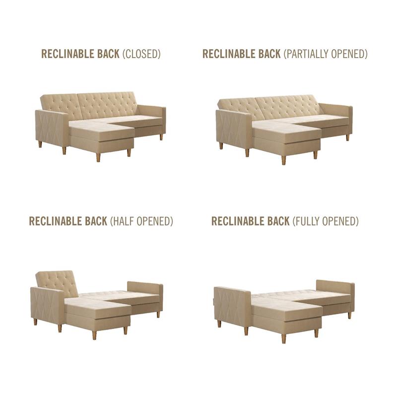 Pemberly Row Modern Reversible Sectional/Futon in Ivory Velvet