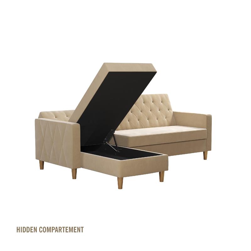 Pemberly Row Modern Reversible Sectional/Futon in Ivory Velvet