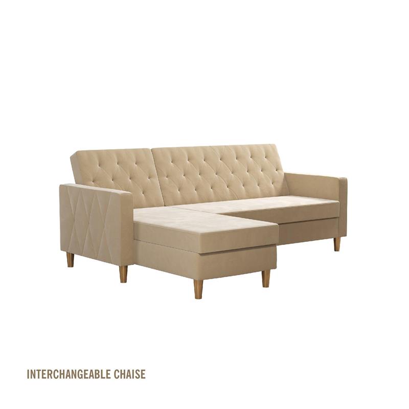 Pemberly Row Modern Reversible Sectional/Futon in Ivory Velvet