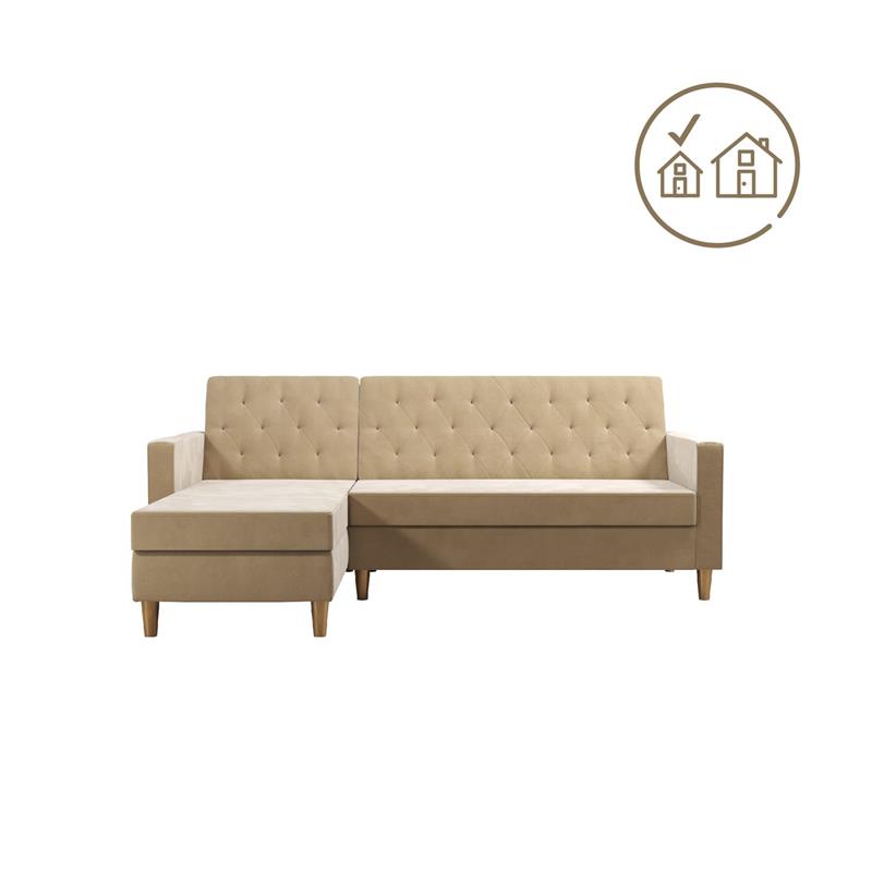 Pemberly Row Modern Reversible Sectional/Futon in Ivory Velvet