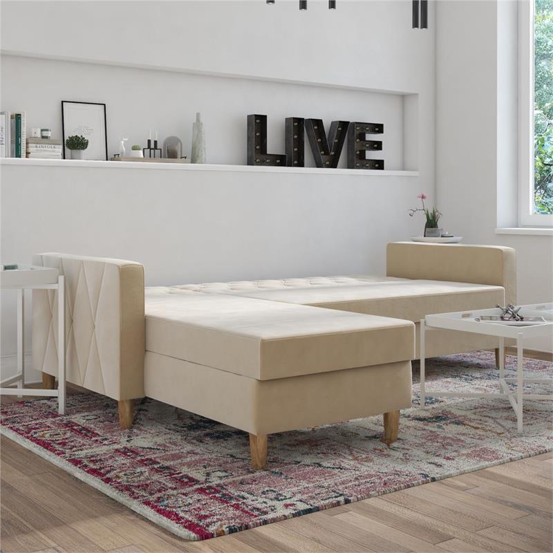 Pemberly Row Modern Reversible Sectional/Futon in Ivory Velvet