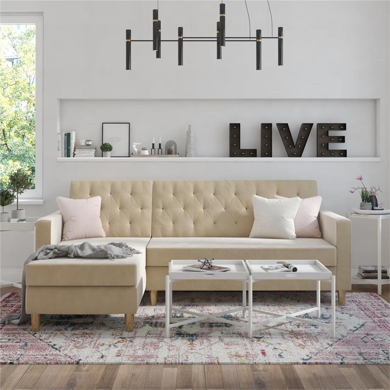 Pemberly Row Modern Reversible Sectional/Futon in Ivory Velvet