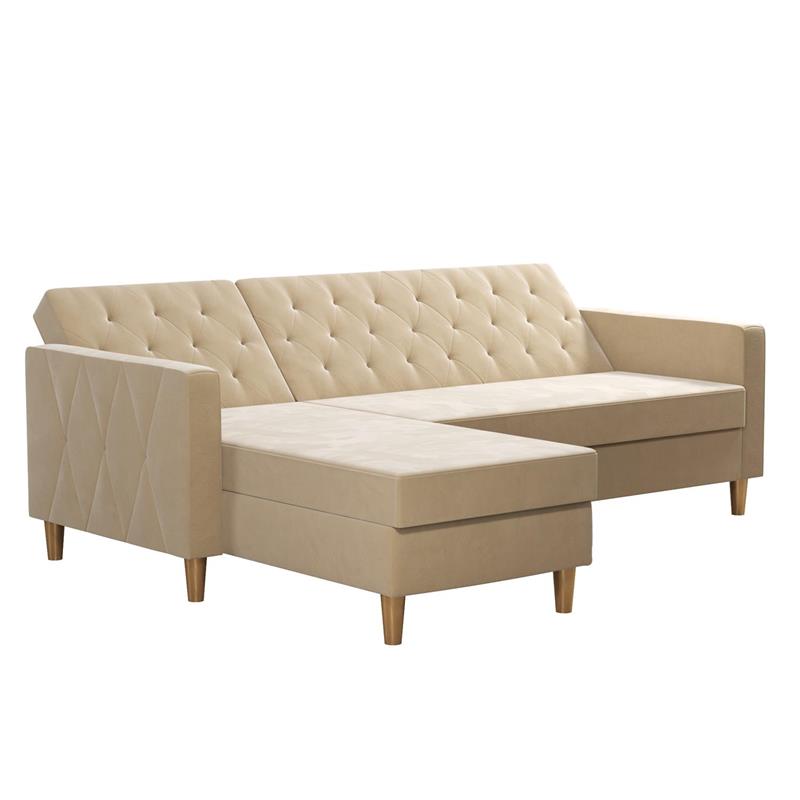 Pemberly Row Modern Reversible Sectional/Futon in Ivory Velvet