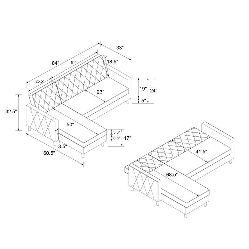 Pemberly Row Modern Reversible Sectional/Futon in Ivory Velvet
