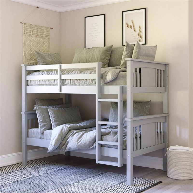 Pemberly Row Modern Twin Over Twin Wood Bunk Bed for Kids in Gray