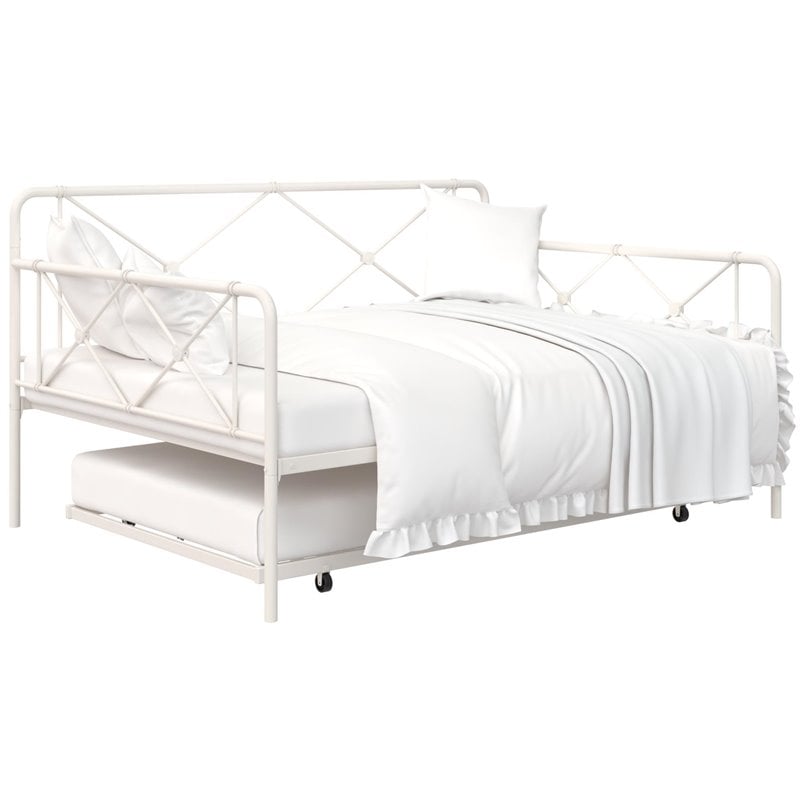 Pemberly Row Metal Farmhouse Daybed with Trundle Full in White