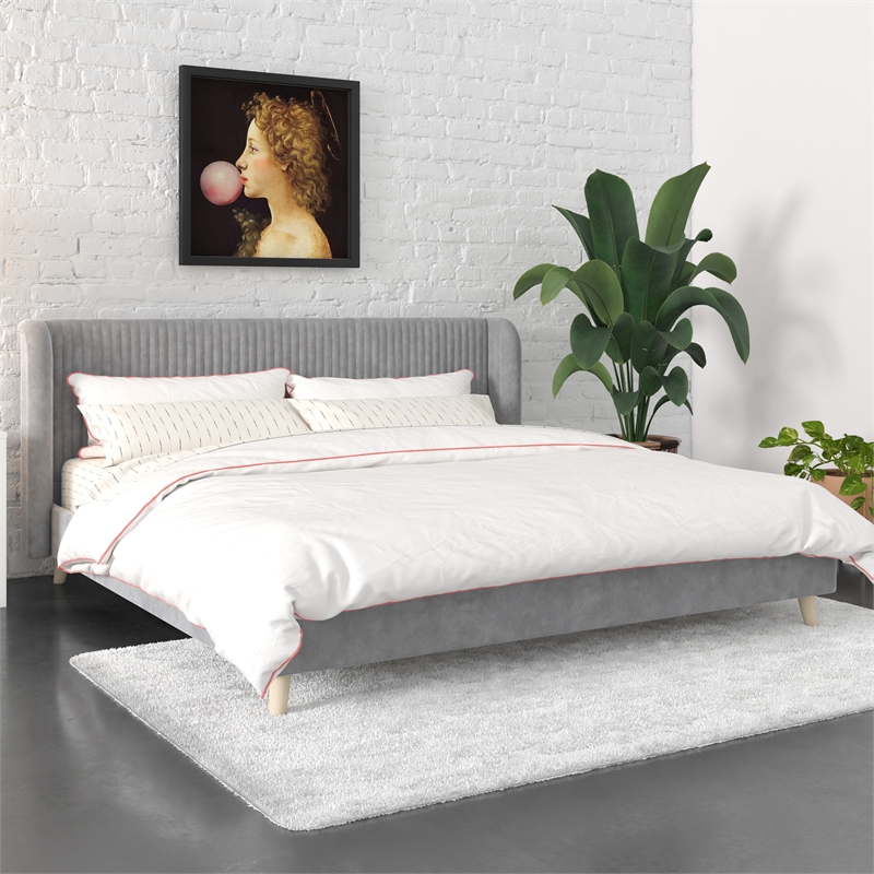 Pemberly Row Upholstered Wingback Bed Frame King Light Gray Velvet