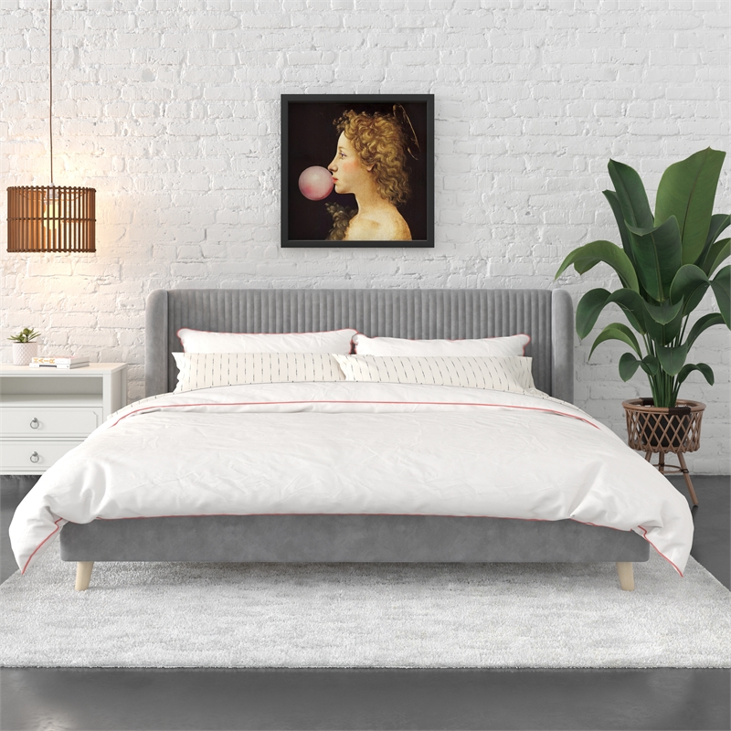 Pemberly Row Upholstered Wingback Bed Frame King Light Gray Velvet
