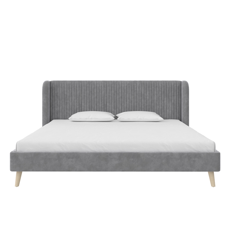 Pemberly Row Upholstered Wingback Bed Frame King Light Gray Velvet
