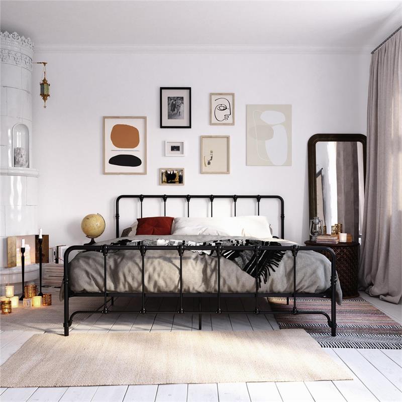 Pemberly Row Farmhouse Metal Bed Under Bed Storage King Bed Frame in Black