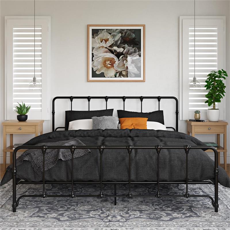 Pemberly Row Farmhouse Metal Bed Under Bed Storage King Bed Frame in Black