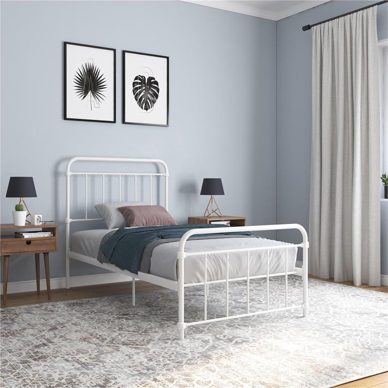 Pemberly Row Metal Platform Bed with Rustic Design and Curved Edge Twin in White