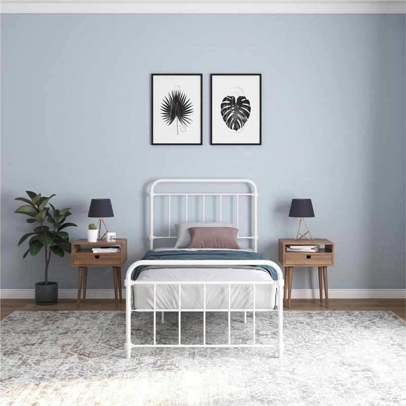 Pemberly Row Metal Platform Bed with Rustic Design and Curved Edge Twin in White