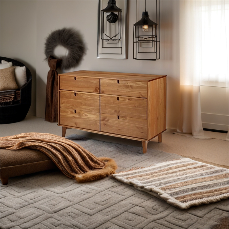 Pemberly Row 6 Drawer Mid Century Modern Wood Dresser in Caramel