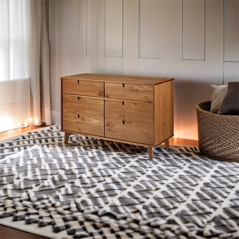 Pemberly Row 6 Drawer Mid Century Modern Wood Dresser in Caramel