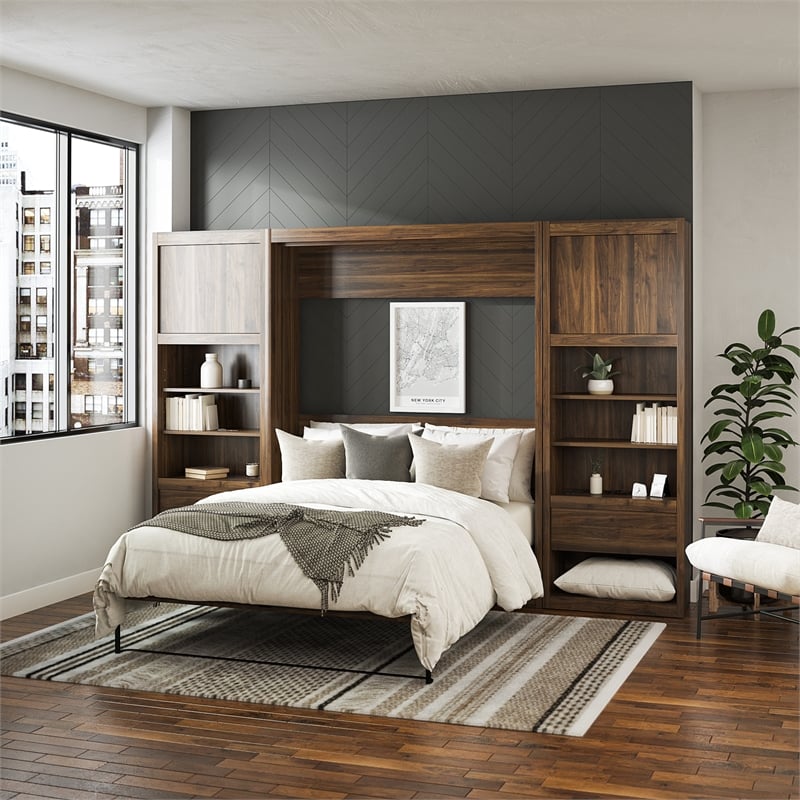 Pemberly Row Engineered Wood Single Side Cabinet for Wall Beds in Walnut