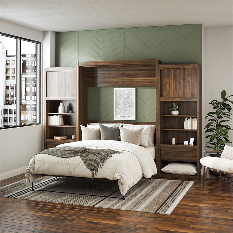 Pemberly Row Engineered Wood Single Side Cabinet for Wall Beds in Walnut