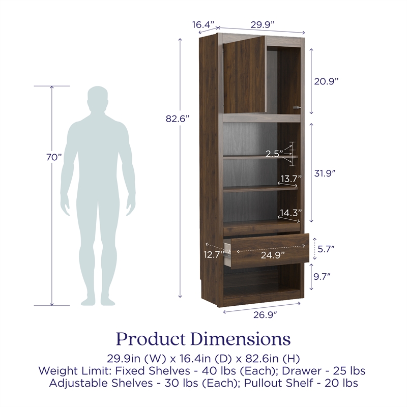Pemberly Row Engineered Wood Single Side Cabinet for Wall Beds in Walnut