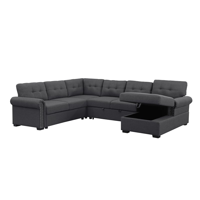 Pemberly Row Sleeper Sofa-Dark Gray Soft Fabric with nail head trim