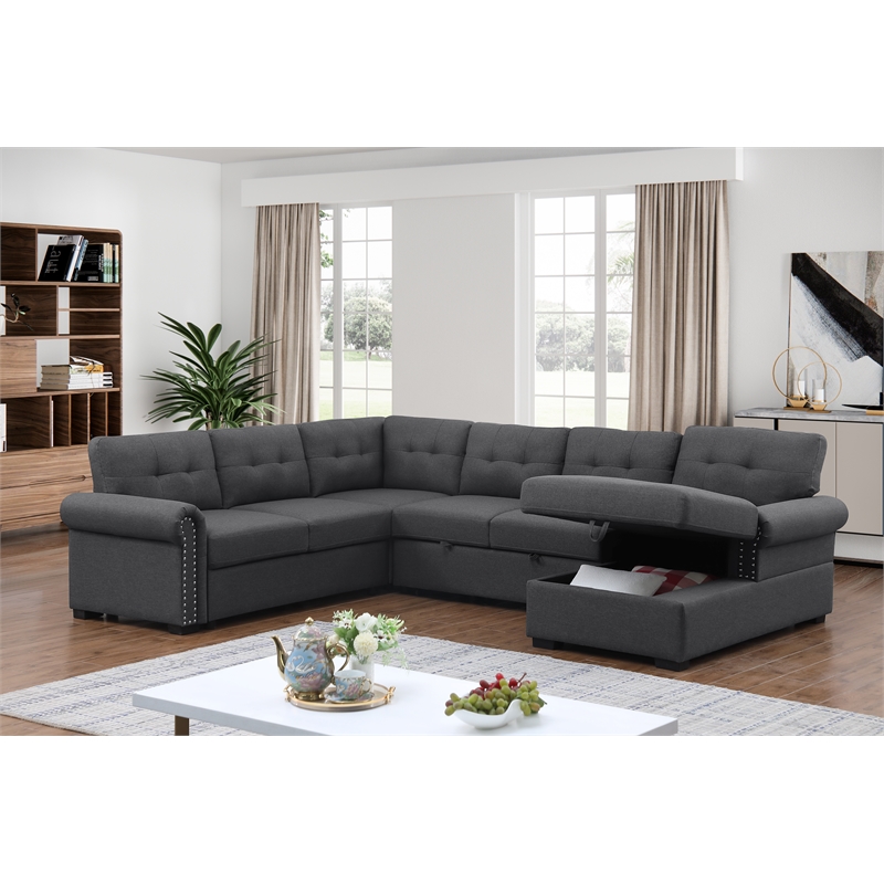 Pemberly Row Sleeper Sofa-Dark Gray Soft Fabric with nail head trim