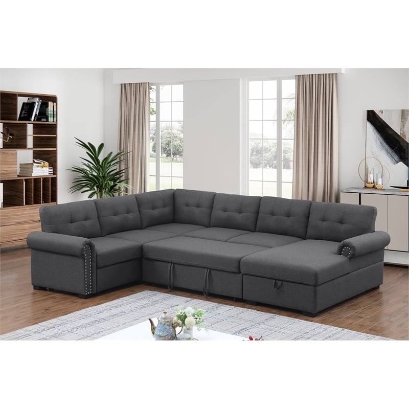 Pemberly Row Sleeper Sofa-Dark Gray Soft Fabric with nail head trim