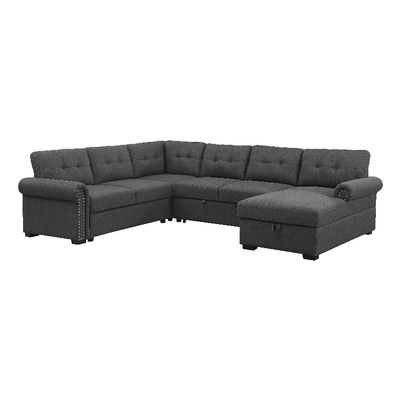 Pemberly Row Sleeper Sofa-Dark Gray Soft Fabric with nail head trim