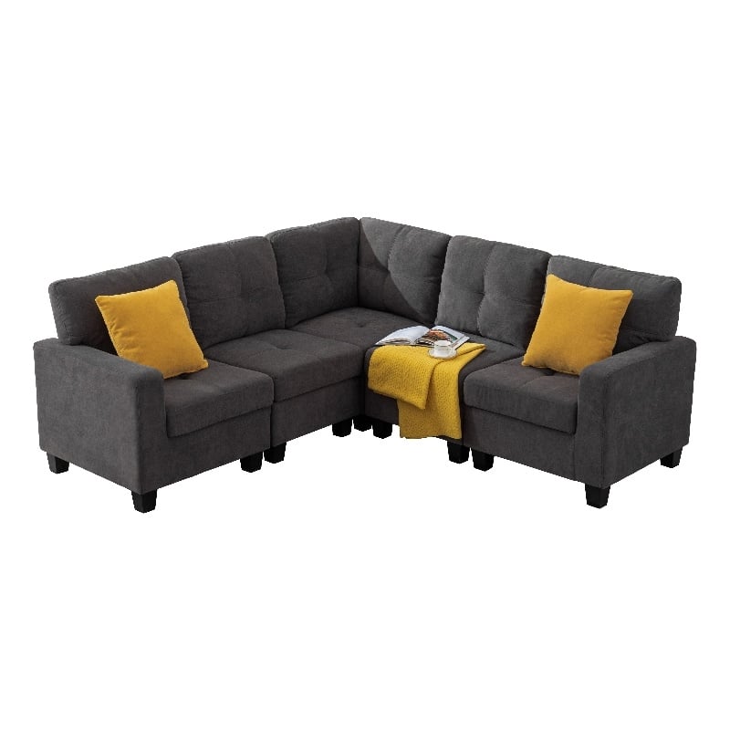 Pemberly Row 5pc Modern Solid Wood Modular Sectional Sofa Couch in Dark Gray