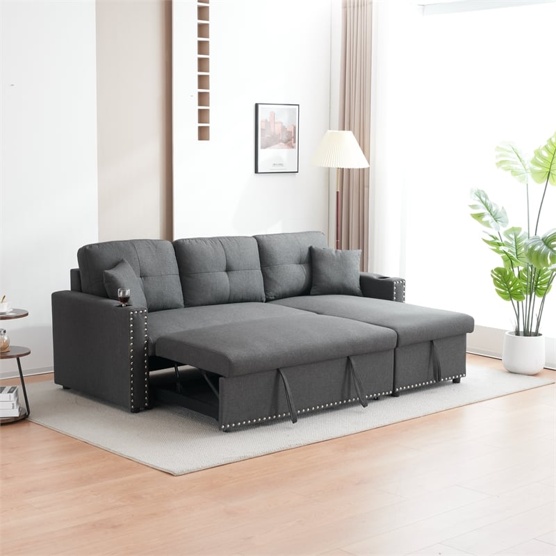 Pemberly Row Fabric Sleeper Sofa with Storage Compartment in Dark Gray